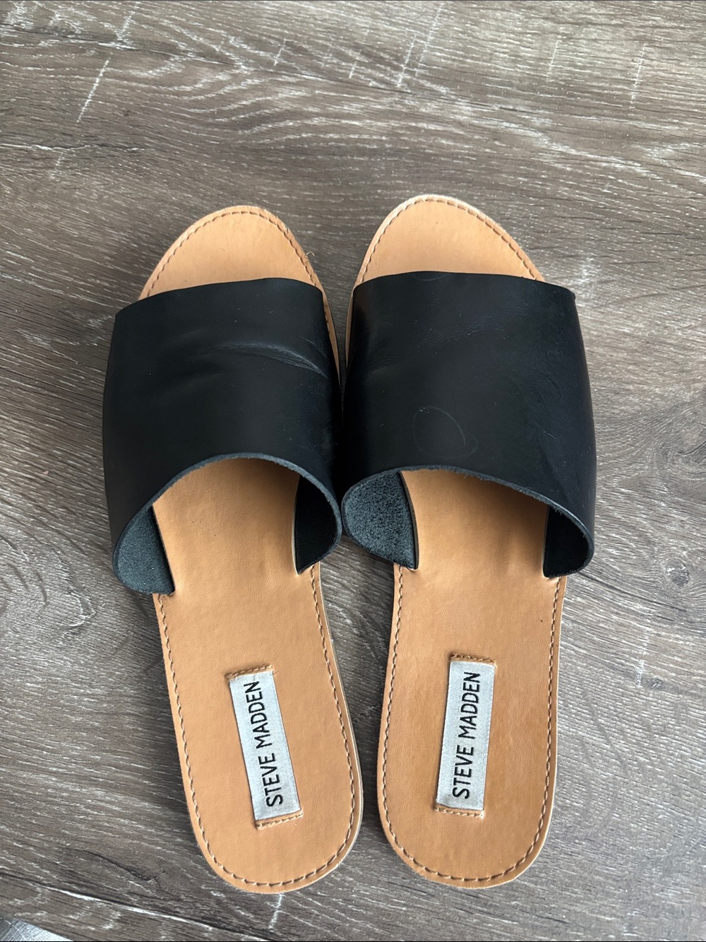 Steve Madden Black Leather Slide Mules with Tan Footbed
